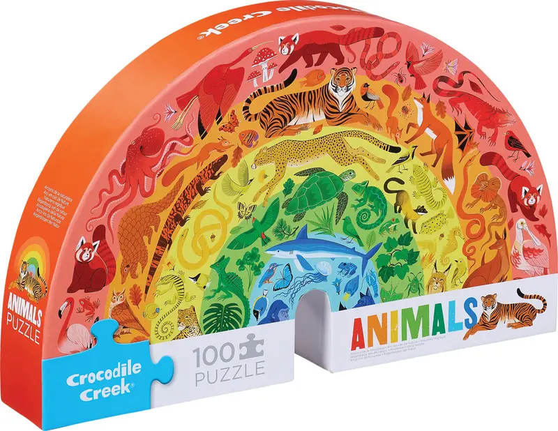100-Piece Shaped Jigsaw Puzzle – Vibrant Rainbow Animal Characters