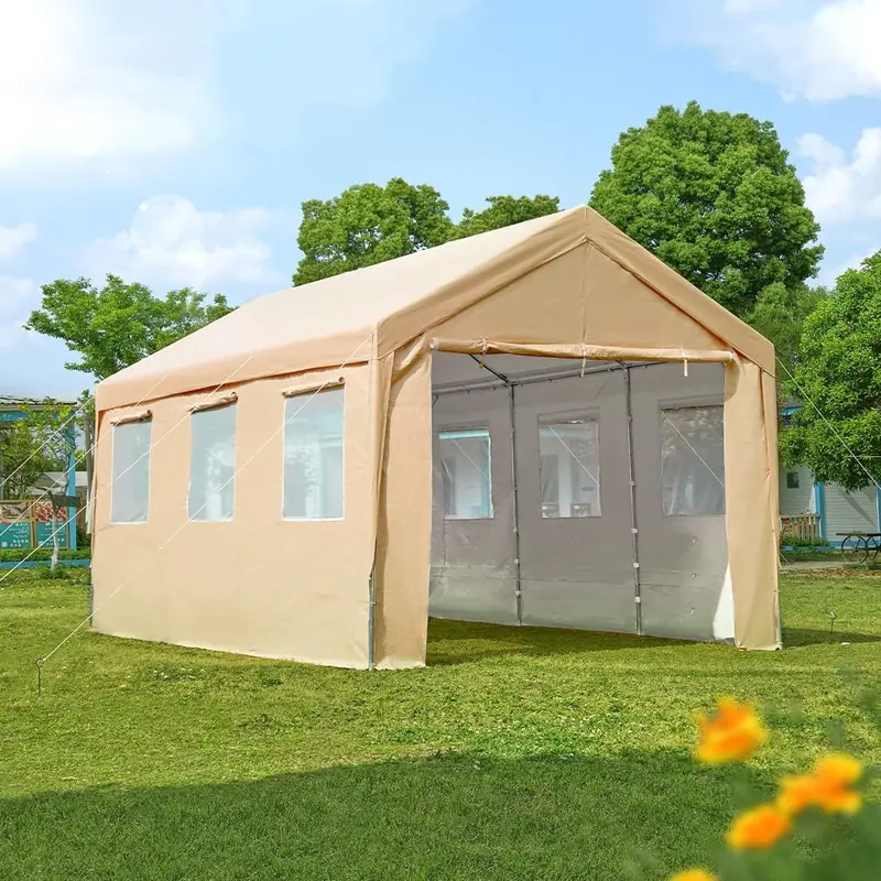 ADVANCE OUTDOOR 10×20 FT Ventilated Carport – Includes 6 Roll-Up Windows & Removable Sidewalls, Beige & White Design