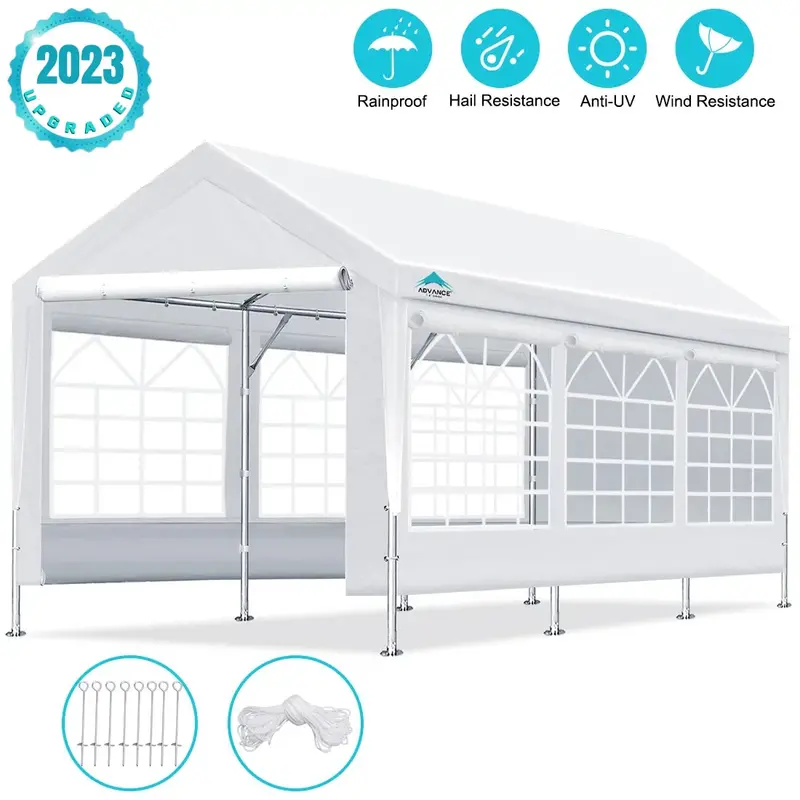ADVANCE OUTDOOR 10’x20′ Steel Carport – Adjustable Height (9.5–11 FT), Removable Window Walls & Doors, White Finish