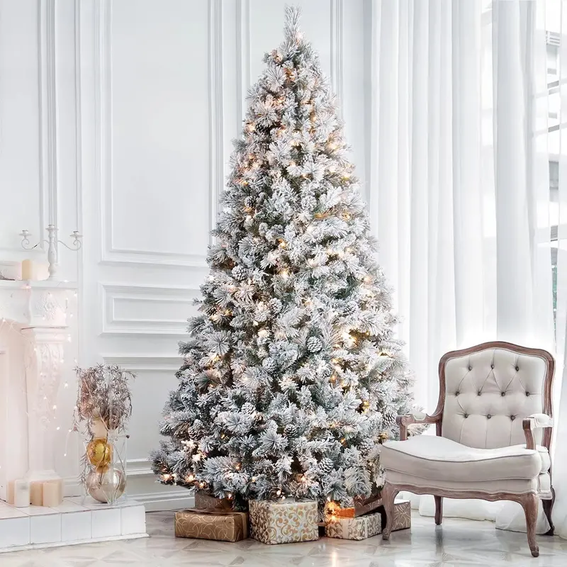 Another Me 7.5 ft Clear LED Snow-Flocked Artificial Tree – 500 Lights, Hinged Construction, Pinecone Details