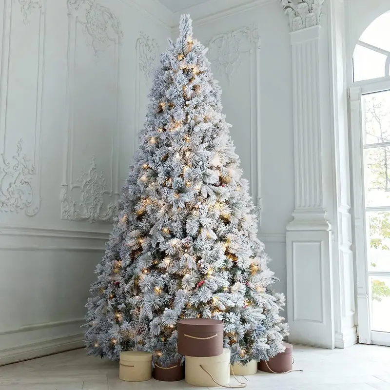 ANOTHERME 9-Foot Flocked Pre-Lit Christmas Tree — White Artificial Pine with 700 Warm LED Lights, Pinecones & Red Berries