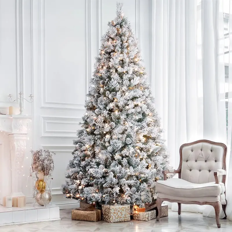 ANOTHERME 9-Foot Snow-Flocked Pre-Lit Artificial Christmas Tree with 800 Warm White LEDs and Pinecone Embellishments