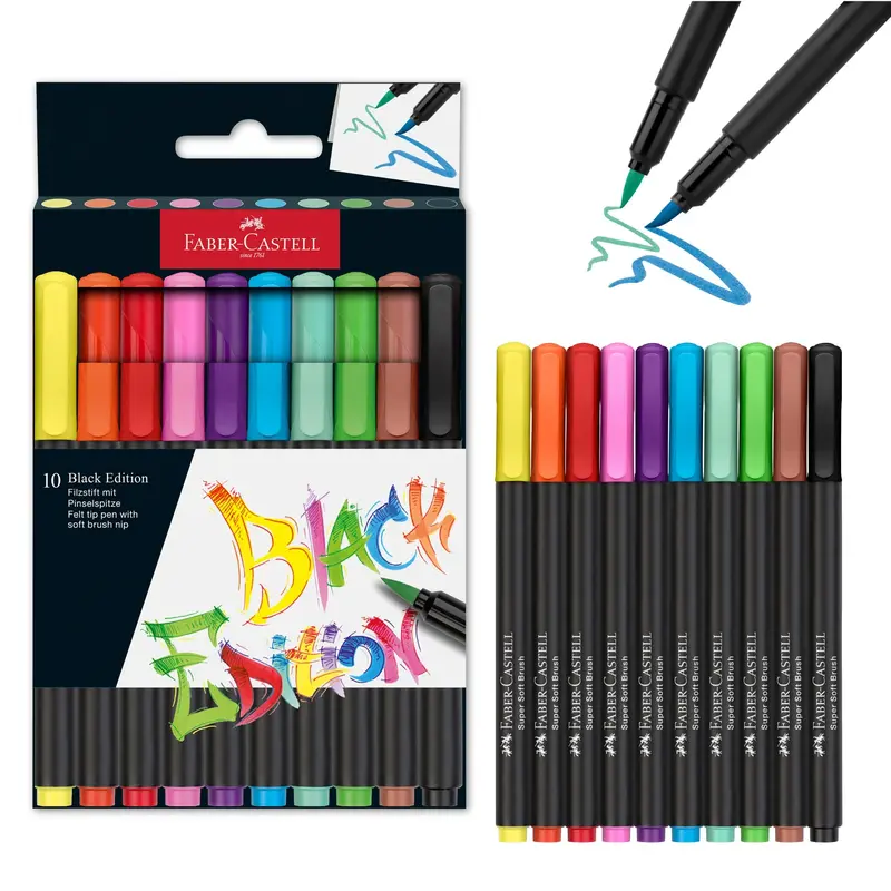 Black Edition Brush Tip Felt Markers – 10-Piece Art Set
