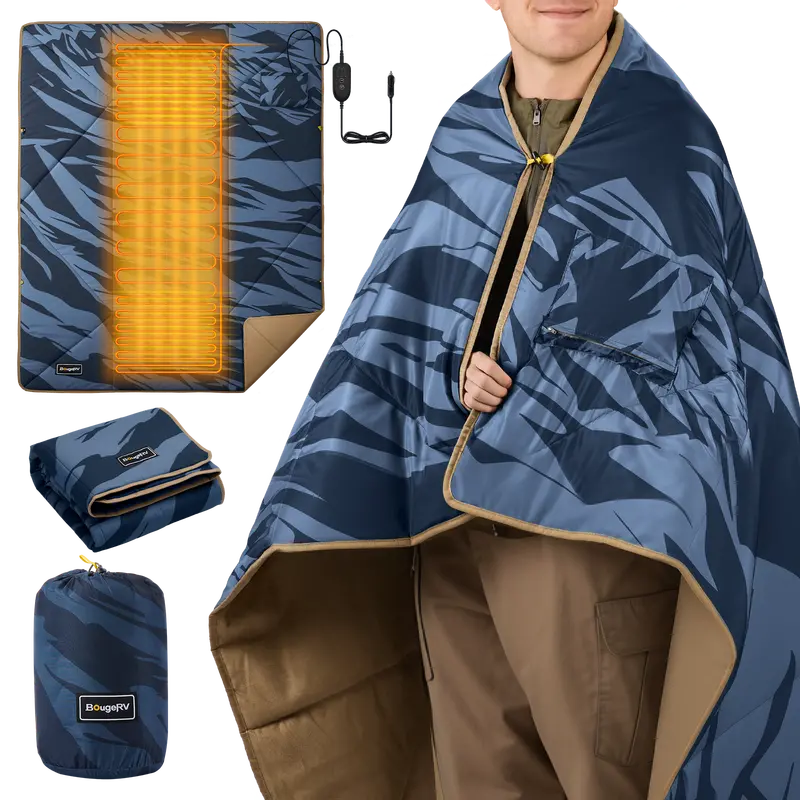 BougeRV 12V Heated Travel Blanket – Navy Blue