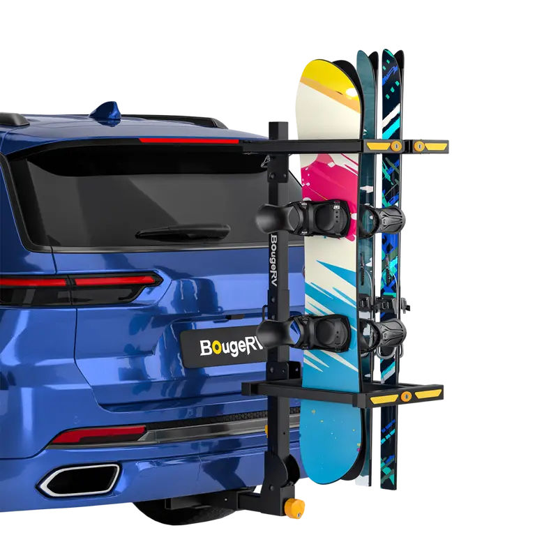 BougeRV Hitch-Mounted Ski and Snowboard Rack with Security Lock