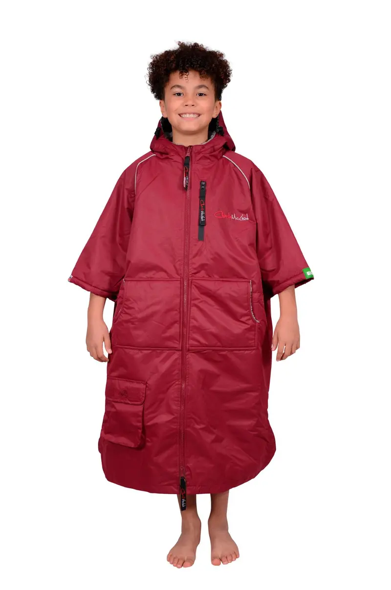 Charlie McLeod Eco Kids’ Short-Sleeve Changing Robe – Burgundy & Grey