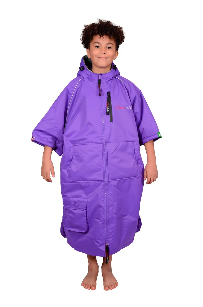Charlie McLeod Eco Kids’ Short-Sleeve Changing Robe – Purple & Grey