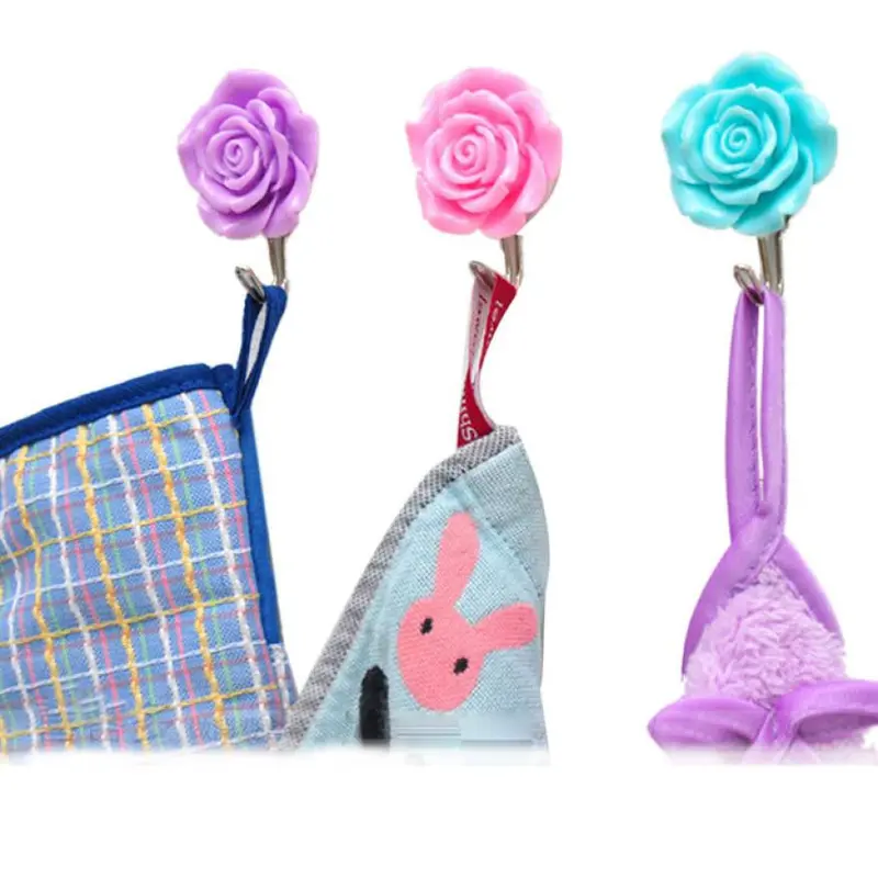 Garden Rose Resin Wall Hooks – 2-Piece Strong-Adhesive Floral Door Hangers