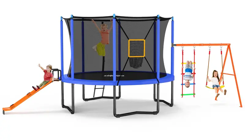 Heavy-Duty 5-in-1 Outdoor Trampoline for Kids – 1200 LB Capacity with Safety Enclosure, Slide, Swings, and Football Net