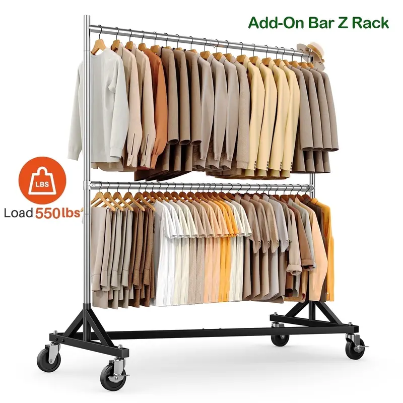 HOKEEPER Commercial Z-Base Garment Rack – 550 LBS Capacity, Height-Adjustable, Includes Add-On Hanging Bar – Silver