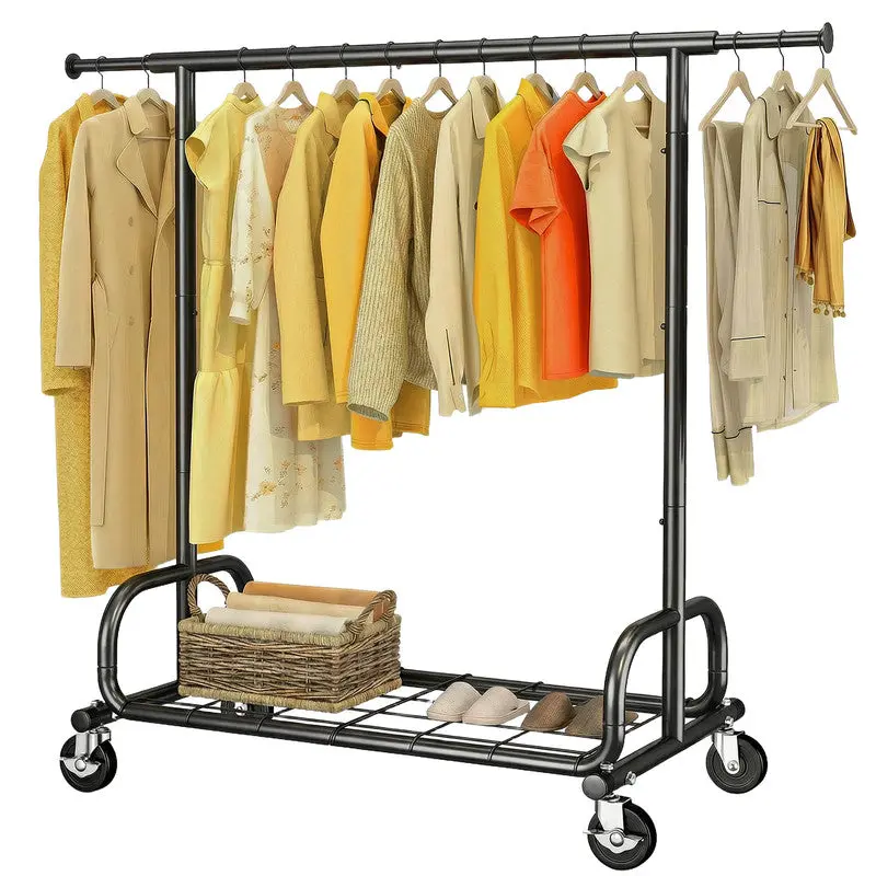 HOKEEPER Compact Rolling Garment Rack – 300 LBS Capacity, Shelf-Inclusive Steel Frame for Small Spaces – Black