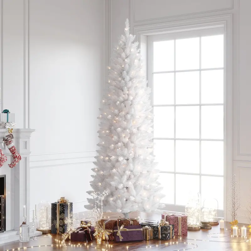 HOMAKER 6.5-Foot White Fraser Fir Pencil-Style Pre-Lit Artificial Christmas Tree with 280 UL-Certified Clear Incandescent Lights