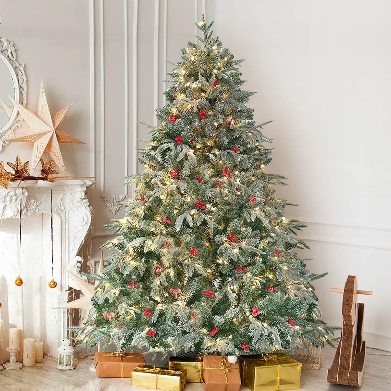 HOMAKER 6ft Pre-Lit Snow-Flocked Artificial Christmas Tree with 450 Clear Lights, Red Berries & Realistic PE Branches