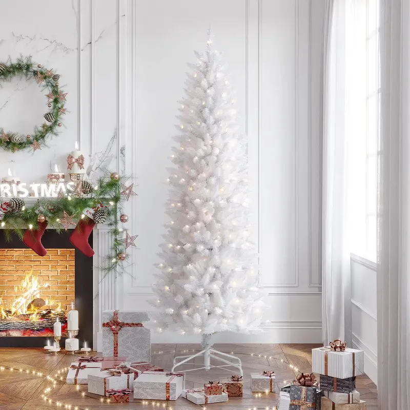 HOMAKER 7.5-Foot White Pencil-Style Pre-Lit Christmas Tree with 380 UL-Certified Warm White LEDs and Fraser Fir Design