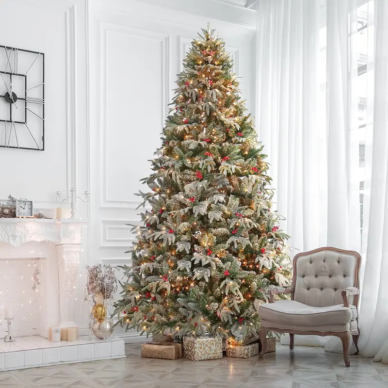 HOMAKER 9-Foot Snow-Flocked Pre-Lit PE Christmas Tree with 1000 Clear LEDs and Red Berry Holiday Accents