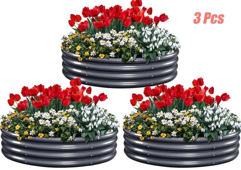 King Bird 3-Pack 4′ × 4′ × 1′ Round Galvanized Raised Garden Beds – Stackable, Rustproof Planter Boxes for Easy DIY Gardening – Dark Gray