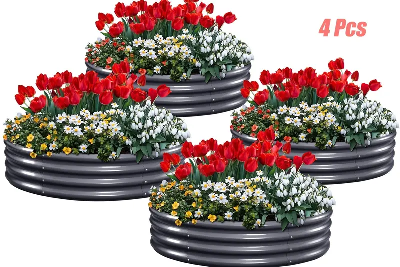 King Bird 4-Pack 4′ × 4′ × 1′ Round Galvanized Steel Garden Beds – Modular Raised Planters for Home Vegetable & Flower Gardens – Dark Gray