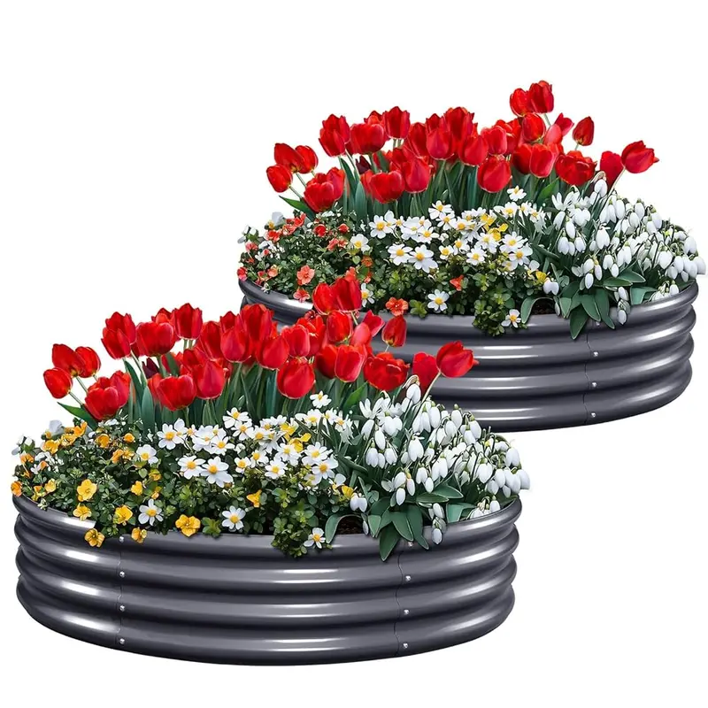 KING BIRD 47″ Round Galvanized Planter Box – 3-Piece Set for Outdoor Container Gardening (Dark Gray)