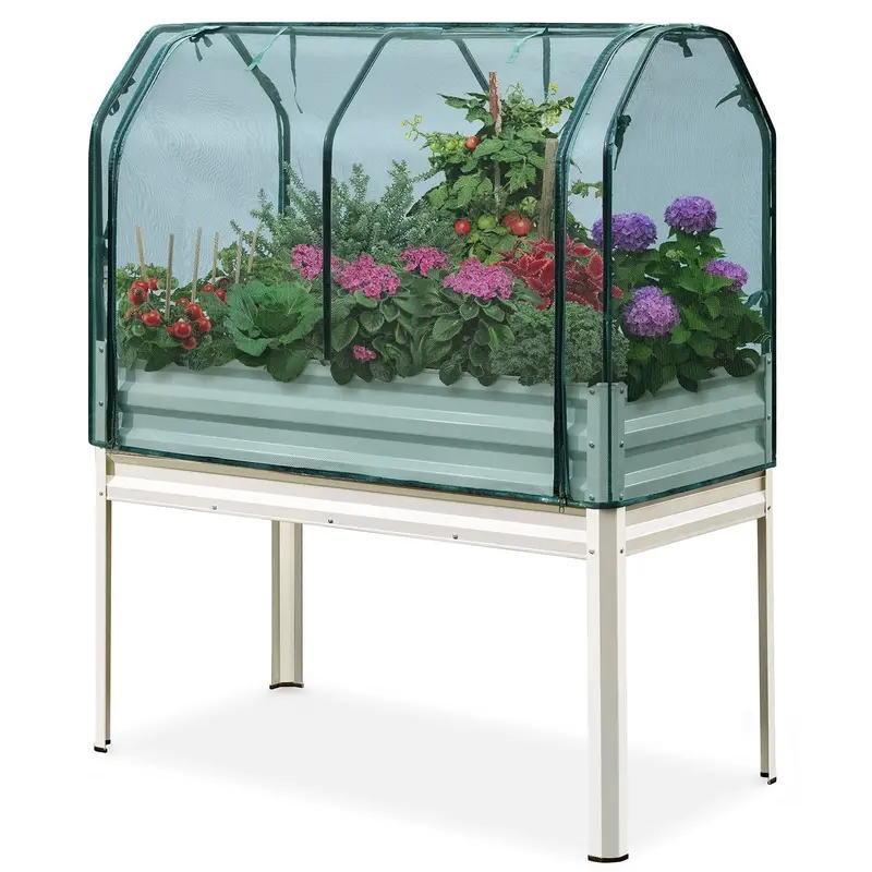 KING BIRD 47″ × 24″ × 56″ Raised Garden Bed with Protective Cover – Legged Galvanized Steel Planter for Outdoor Gardening – White