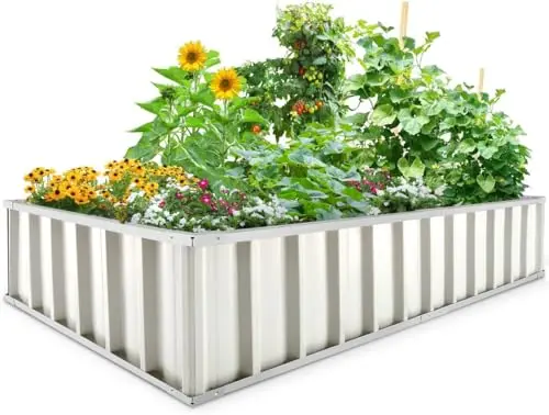 KING BIRD 68×35.5×11.8 in Galvanized Raised Garden Bed Kit – DIY-Friendly Planter with T-Type Anchors & Work Gloves (Ivory)