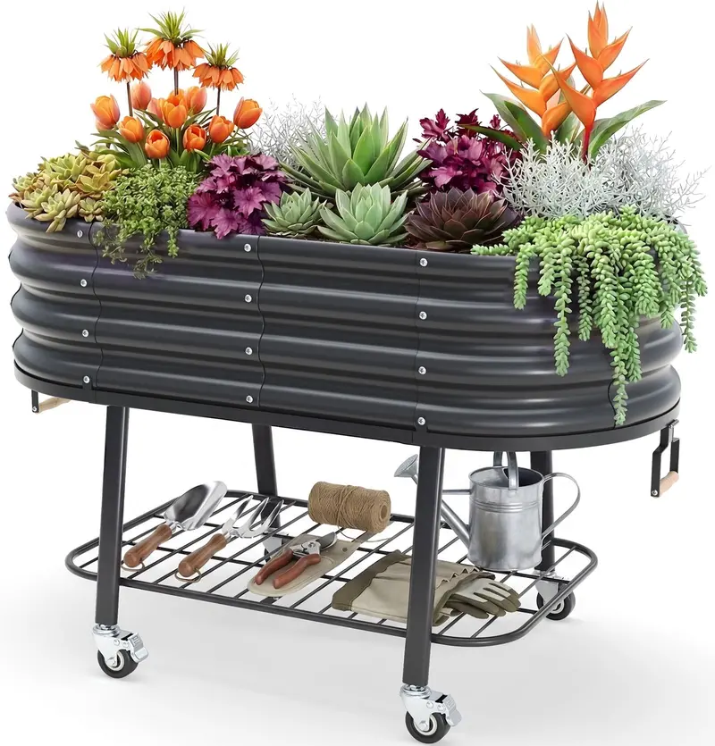 KING BIRD Mobile Raised Garden Bed – 47″x23″x30″, Galvanized Steel with Storage Shelf & Locking Wheels