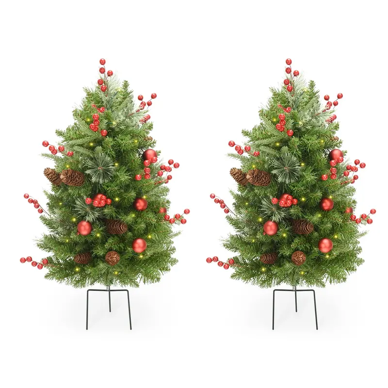 LIFEFAIR 30-Inch Pre-lit Outdoor Christmas Tree Set (2-Pack) – LED-Lit Porch Trees with Pine Cones, Red Berries, and Festive Balls