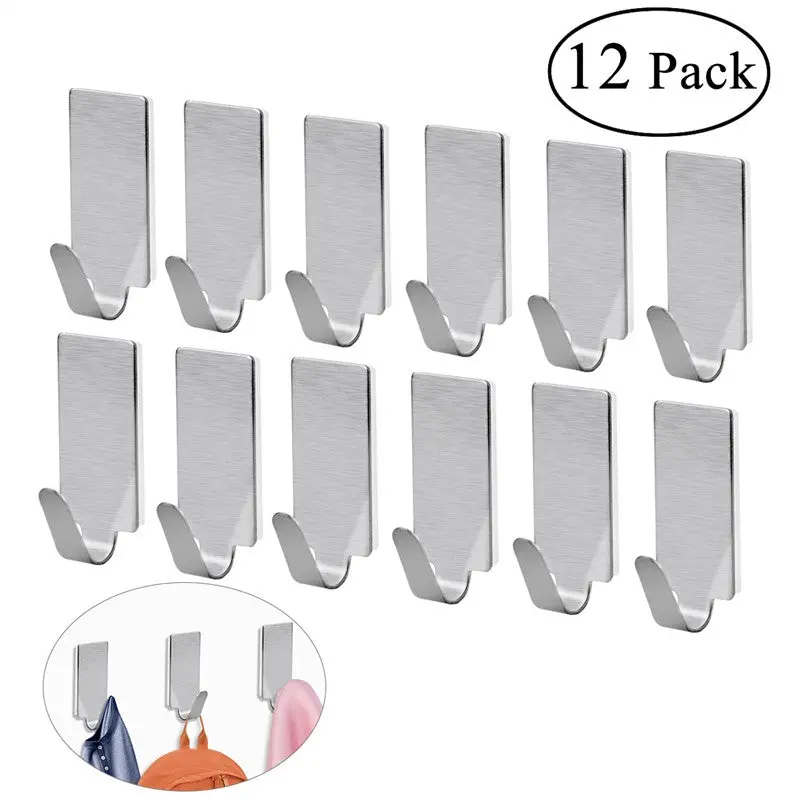 NUOLUX Adhesive Stainless Steel Towel Hooks – 12-Piece Kitchen & Bath Set