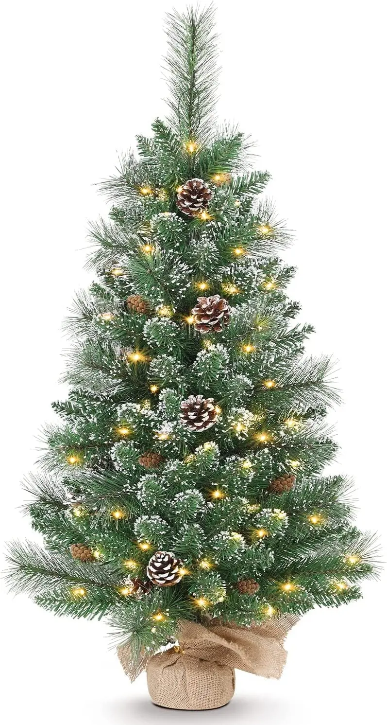 OasisCraft 3ft Tabletop Christmas Tree – 36-Inch LED-Lit Mini Tree with White-Tipped Branches & Burlap Base