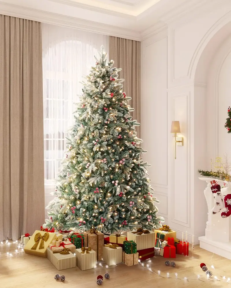 OasisCraft 9-Foot Realistic Pre-Lit Snow-Flocked Christmas Tree with 1000 Clear Lights and Red Berry Embellishments