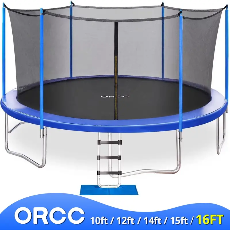 ORCC 8–16 ft Wind-Stable Outdoor Trampoline – 450 lb Capacity, Includes Non-Slip Ladder, Wind Stakes & Safety Enclosure