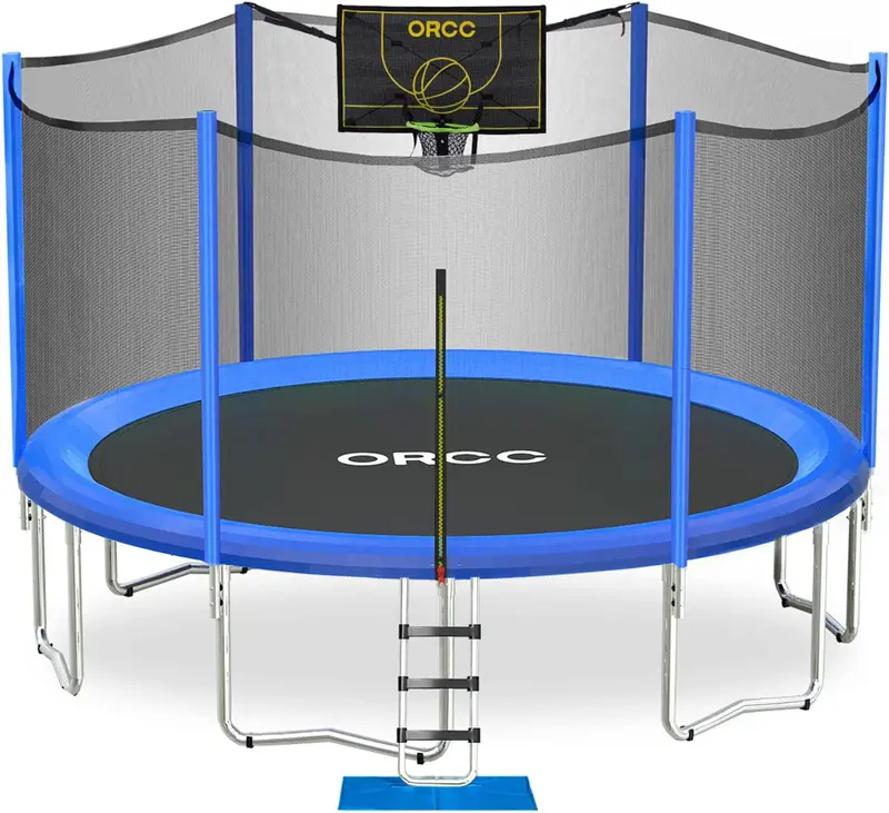 ORCC Basketball-Themed Trampoline – 10FT to 15FT ASTM-Safe Outdoor Trampoline for Kids, Complete with Hoop, 2 Balls, Enclosure Net & Step Ladder