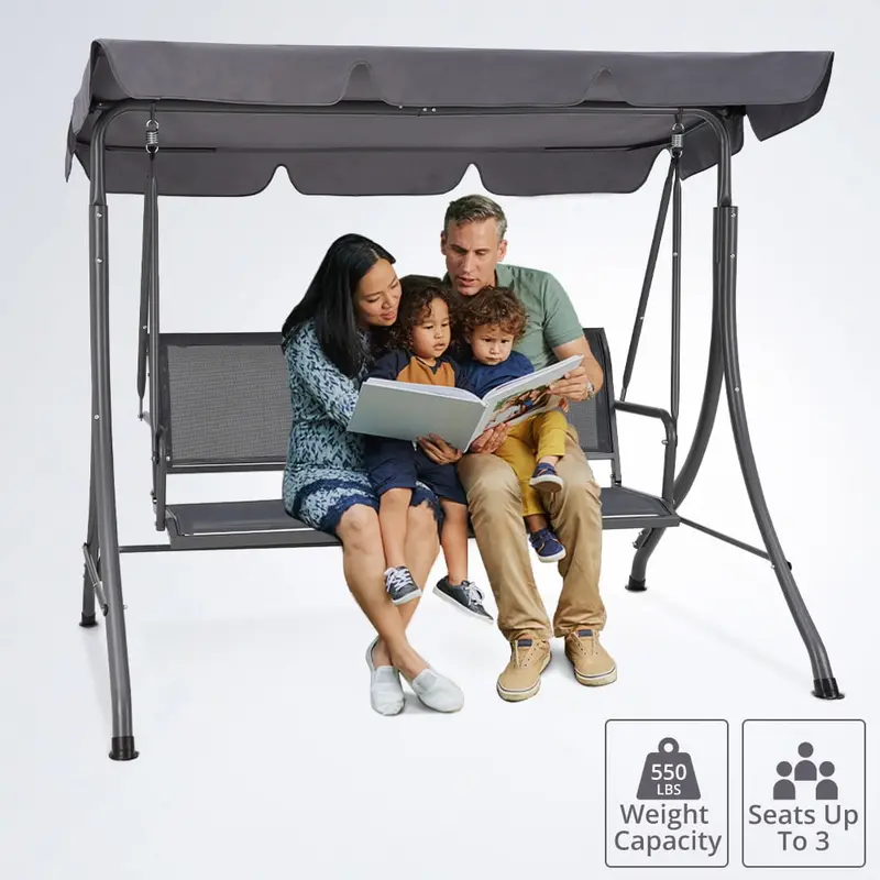 Outdoor Canopy Swing Chair with Textilene 3-Person Seat – Adjustable Shading Porch Swing for Patios and Decks