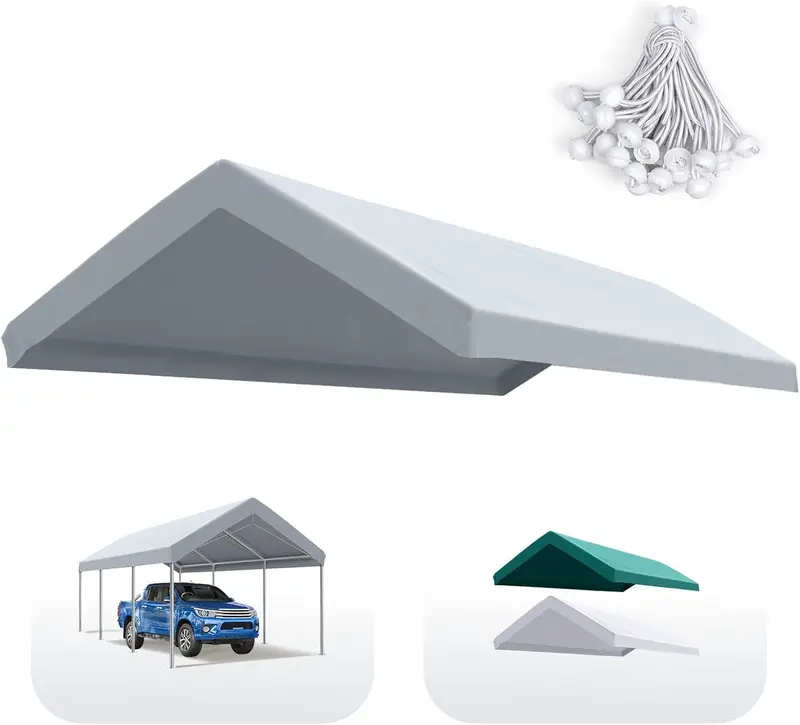 Quictent 10×20 ft Carport Canopy Replacement – Gray Tarp with Reinforced Edge & Bungee Ball Anchors (Roof Only)