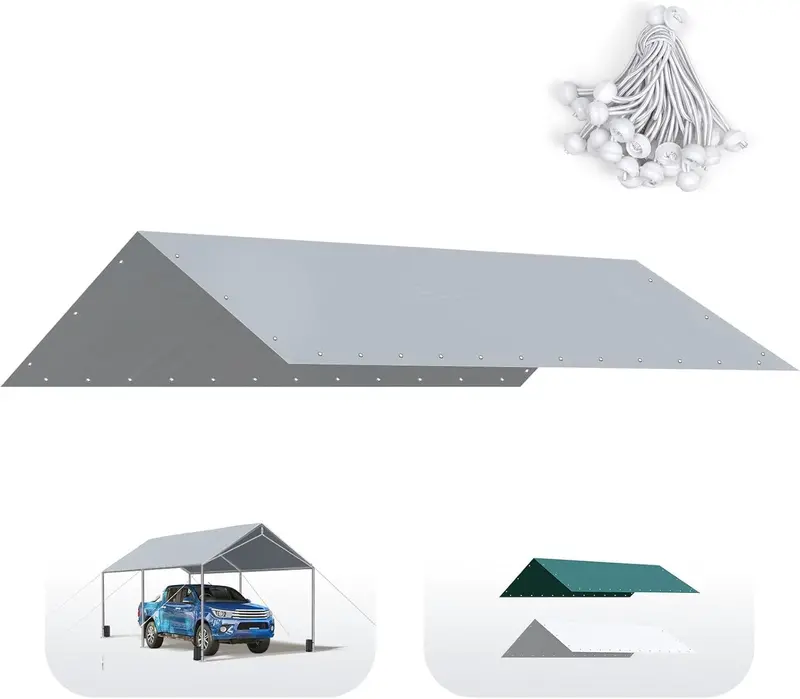 Quictent 10×20 ft Replacement Canopy Top – Gray Tarp Cover with Bungee Ball Fasteners (Roof Only)