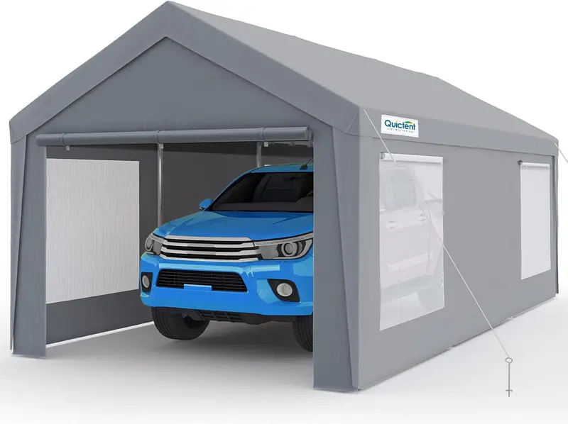 Quictent 12×20 ft Galvanized Steel Carport Canopy – Reinforced Outdoor Shelter with Roll-Up Windows, Ventilated Sidewalls & Silver-Gray Finish