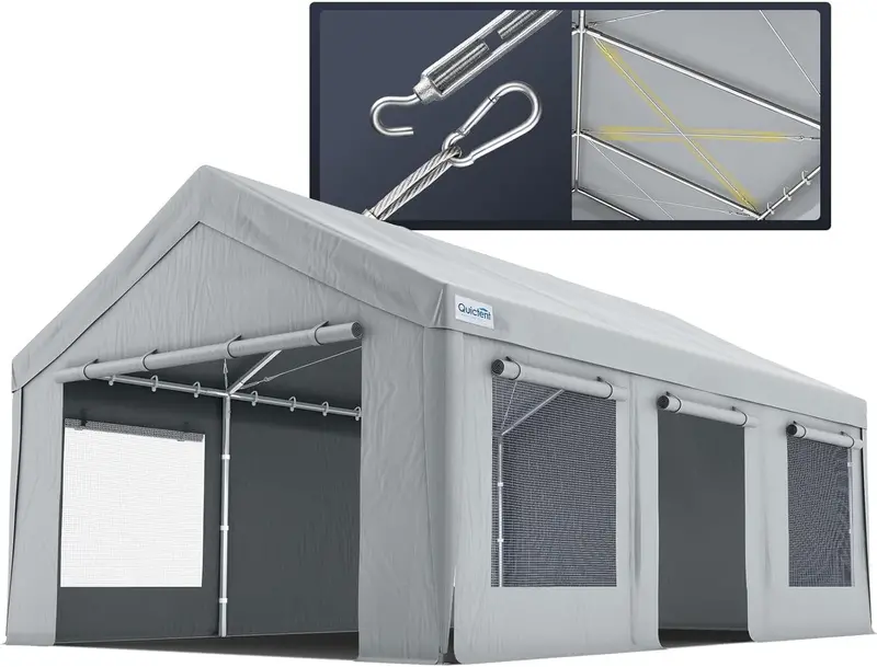 Quictent 12×20 ft Heavy-Duty Carport – Zippered Sides, Snow-Proof Cables & Ventilation, Gray Outdoor Equipment Shelter