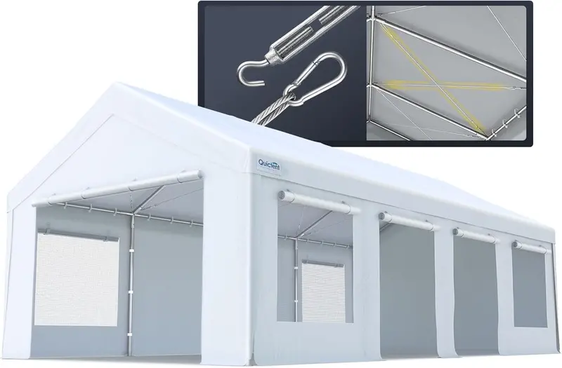 Quictent 13×25 ft Weather-Resistant Carport – Zippered Entry, Reinforced Cables & Ventilated Windows, White Outdoor Storage Shelter