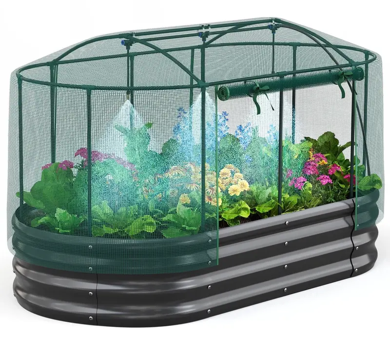 Quictent Self-Watering Raised Garden Bed Kit – 6 ft x 3 ft Oval Galvanized Metal Planter with Mesh Cover for Vegetables & Herbs