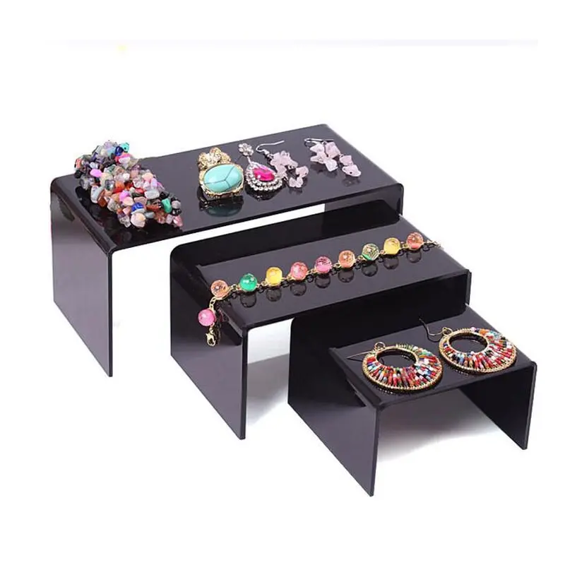 Set of 3 Clear Acrylic Jewelry Display Stands with Black Accents
