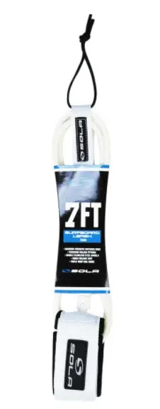Sola 7ft Surfboard Leash – 7mm Heavy-Duty Cord – Classic White