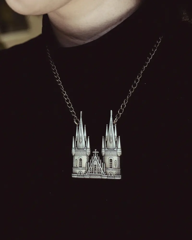 Tyn Cathedral Charm Necklace – Architectural Gothic Silver Pendant