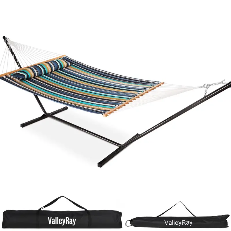 VALLEYRAY Quilted Double Hammock with Sturdy Stand & Removable Pillow – 480 lb Capacity