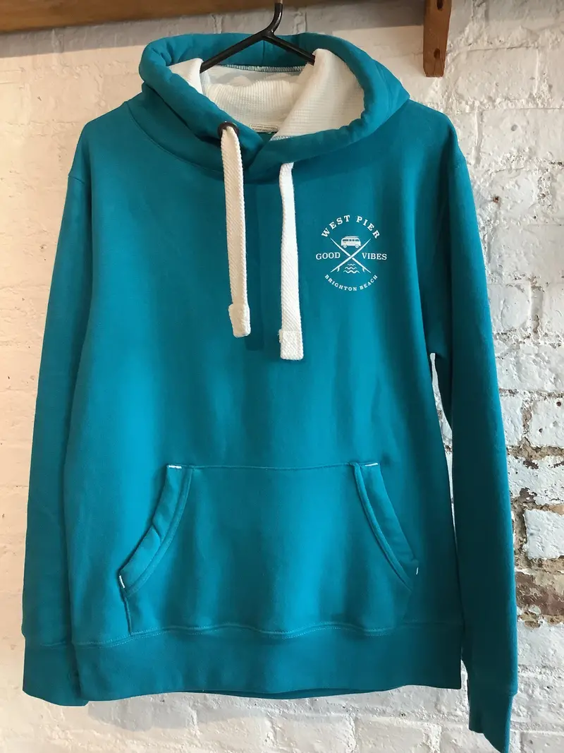 West Pier Hoodie – Brighton Beach Vibes & Camper Van Art (Caribbean Blue)