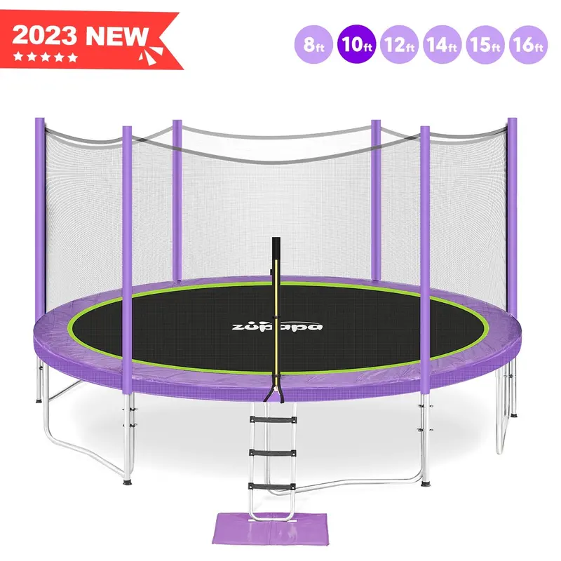 Zupapa 10–16 ft Purple Family Trampoline – ASTM-Safe Enclosed Design, 425 lb Capacity, Non-Slip Ladder & Full Accessory Kit