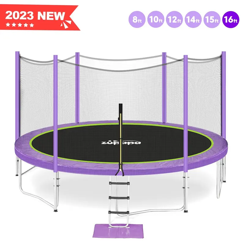 Zupapa 10–16 ft Purple Heavy-Duty Trampoline – Enclosed Outdoor Design, 425 lb Capacity, Includes Ladder & Full Accessories
