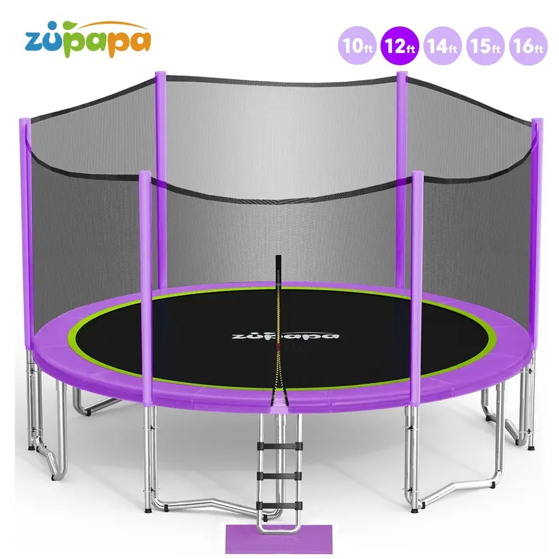 Zupapa 10–16 ft Purple Outdoor Trampoline – Heavy-Duty Enclosed Design, 425 lb Capacity, Includes Non-Slip Ladder & Full Accessories