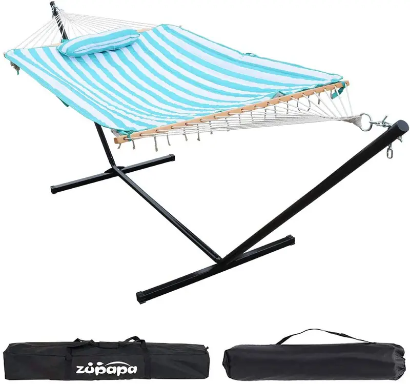 Zupapa 12-Foot Cotton Rope Hammock – Cyan Stripe Design with Pillow, Stand & Bags