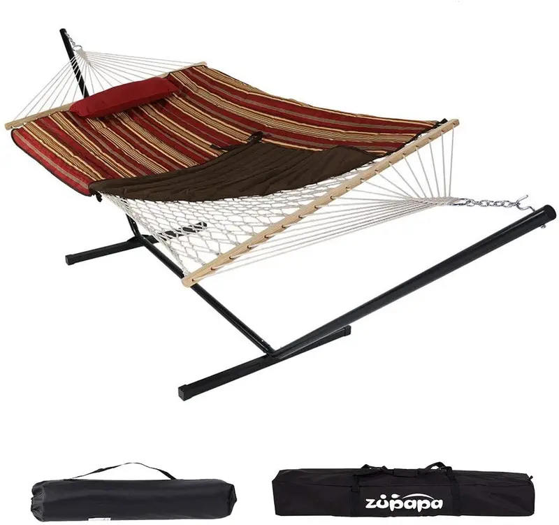 Zupapa 12-Foot Cotton Rope Hammock – Red & Gold Stripe with Pillow, Stand & Bags