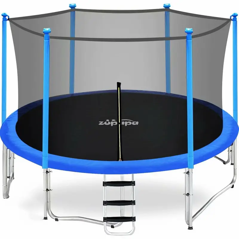 Zupapa 12 ft TÜV-Certified Round Trampoline – Includes Enclosure Net, Safety Pad & Step Ladder, Blue Finish