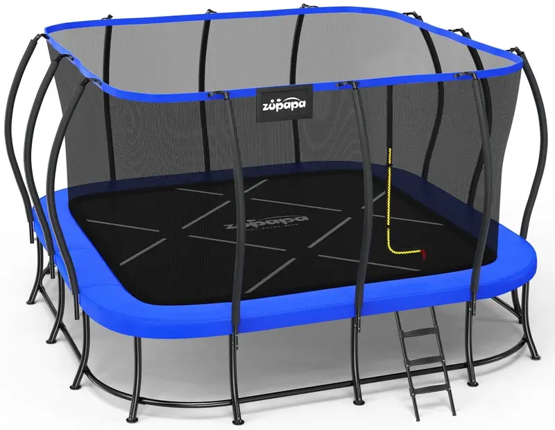 Zupapa 14’x14′ Square Outdoor Trampoline – 750 lb Capacity, Patented No-Gap Anti-Wobble System for Yard Use